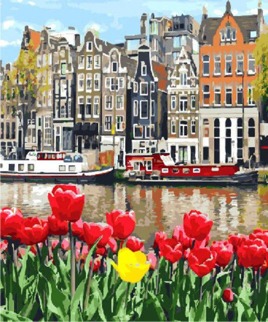 Tulpen in Volle Bloei voor de Grachtenpanden Schilderen op Nummers