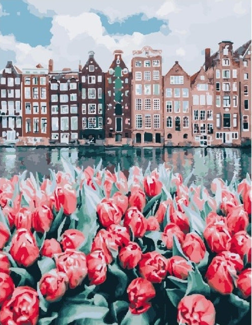 Tulpen voor de Charmante Grachtenhuizen Schilderen op Nummers