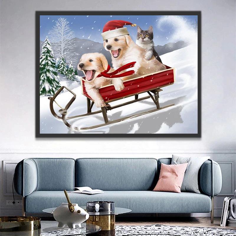 Twee Golden Retrievers en een Kat op Slee Schilderen op Nummers