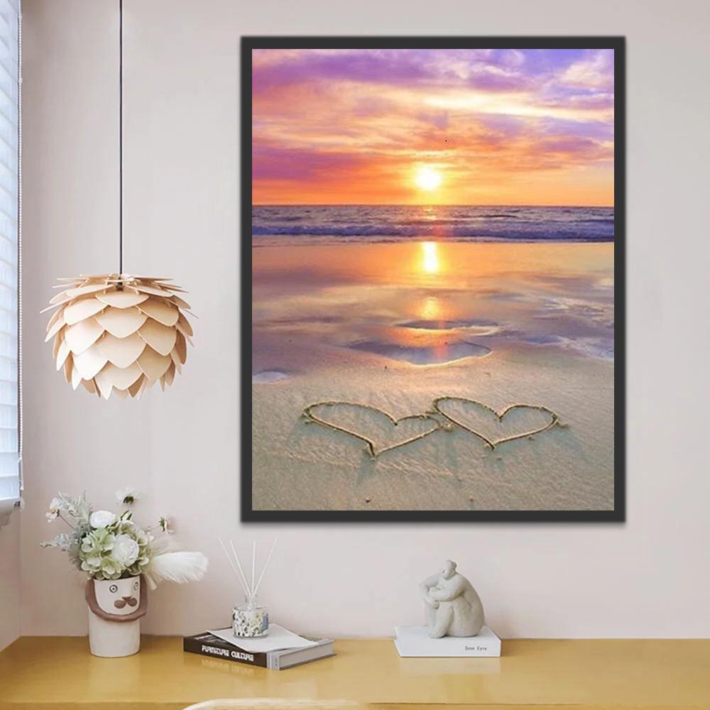 Twee Hartjes in het Zand bij Zonsondergang Schilderen op Nummers