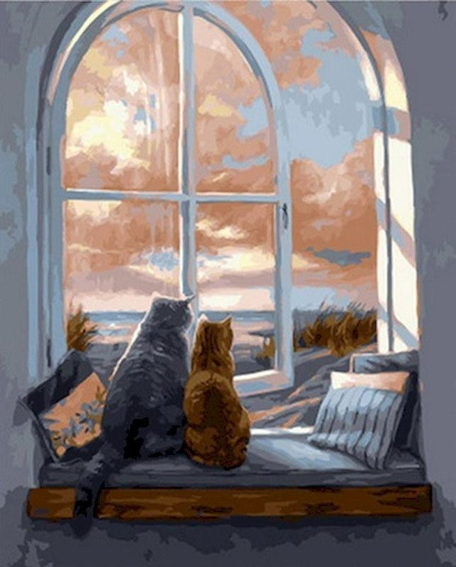 Twee Katten bij het Raam Schilderen op Nummers