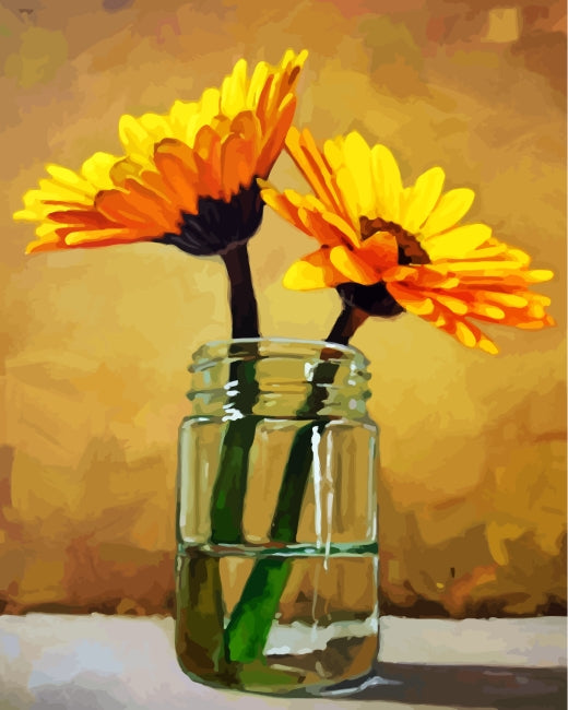Twee Kleine Zonnebloemen in een Glazen Fles Schilderen op Nummers