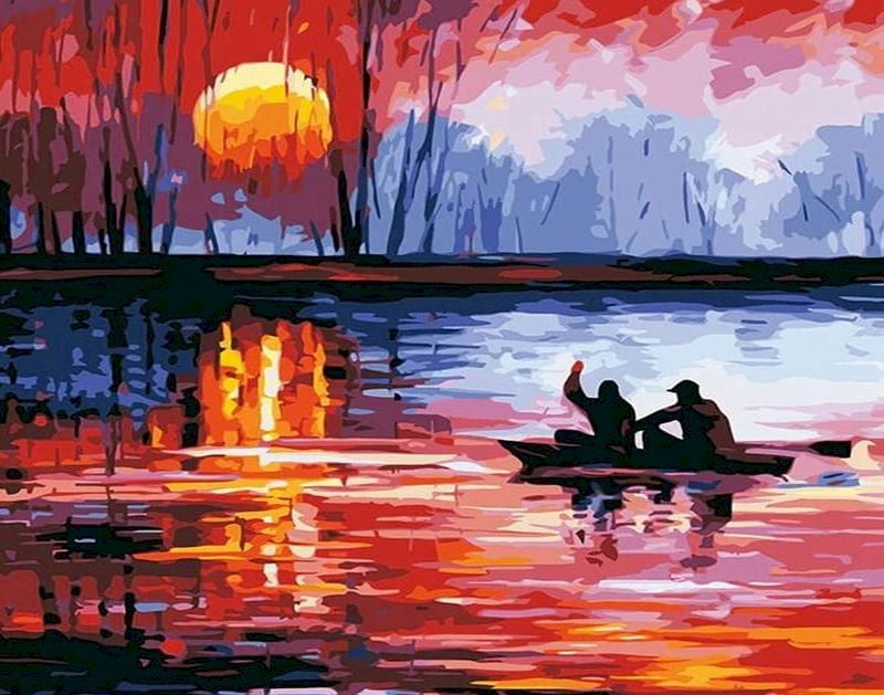 Twee Mannen op een Boot bij Zonsondergang Schilderen op Nummers