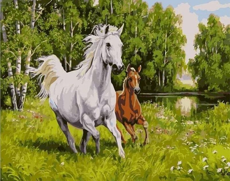 Twee Paarden in het Bos Schilderen op Nummers