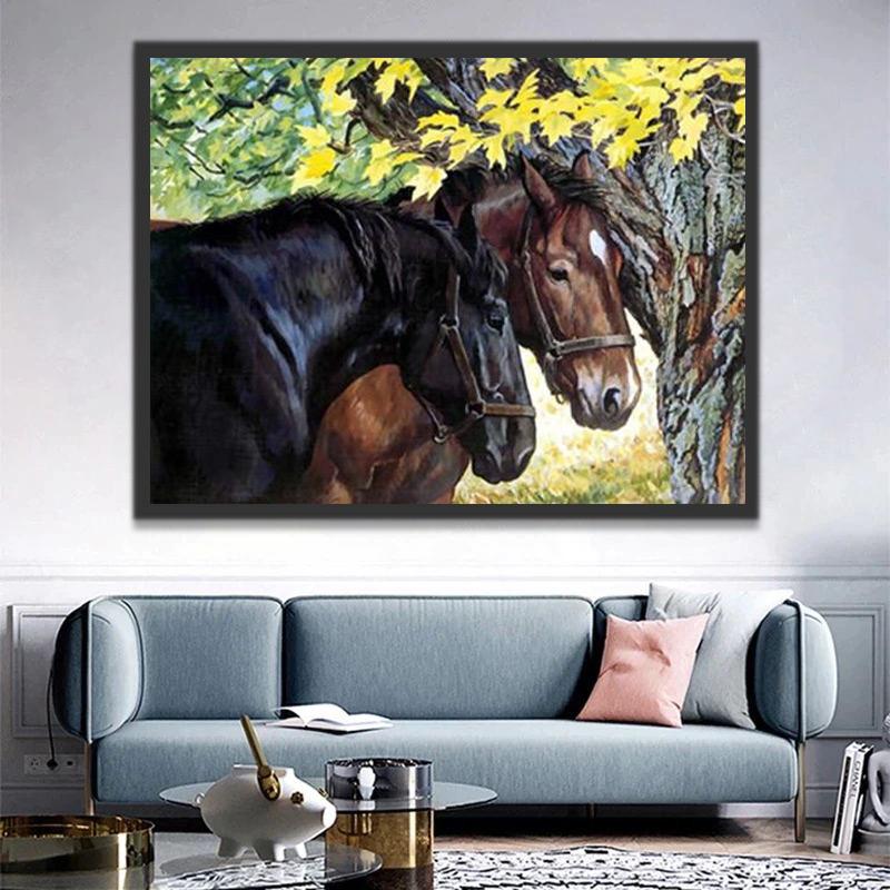 Twee Paarden onder een Boom Schilderen op Nummers