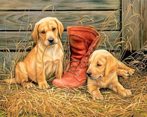 Twee Puppies en Laars Schilderen op Nummers
