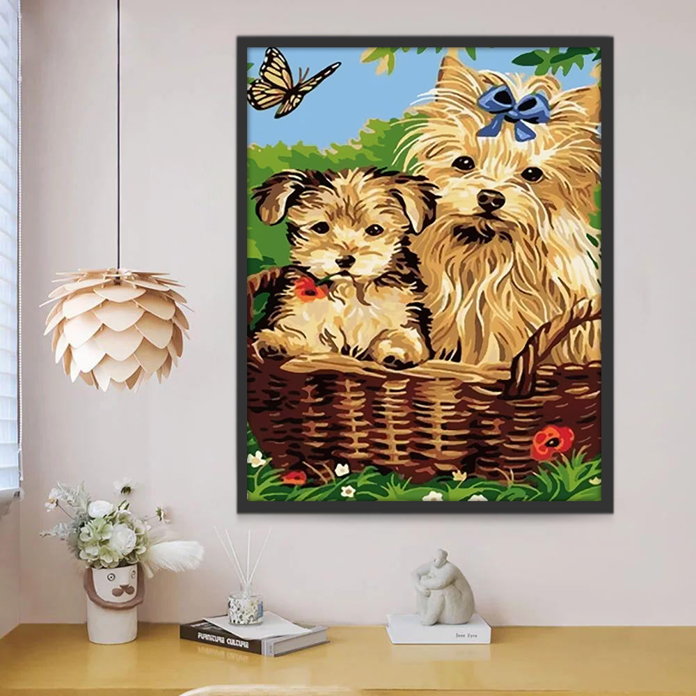 Twee Schattige Puppies en Vlinder Schilderen op Nummers