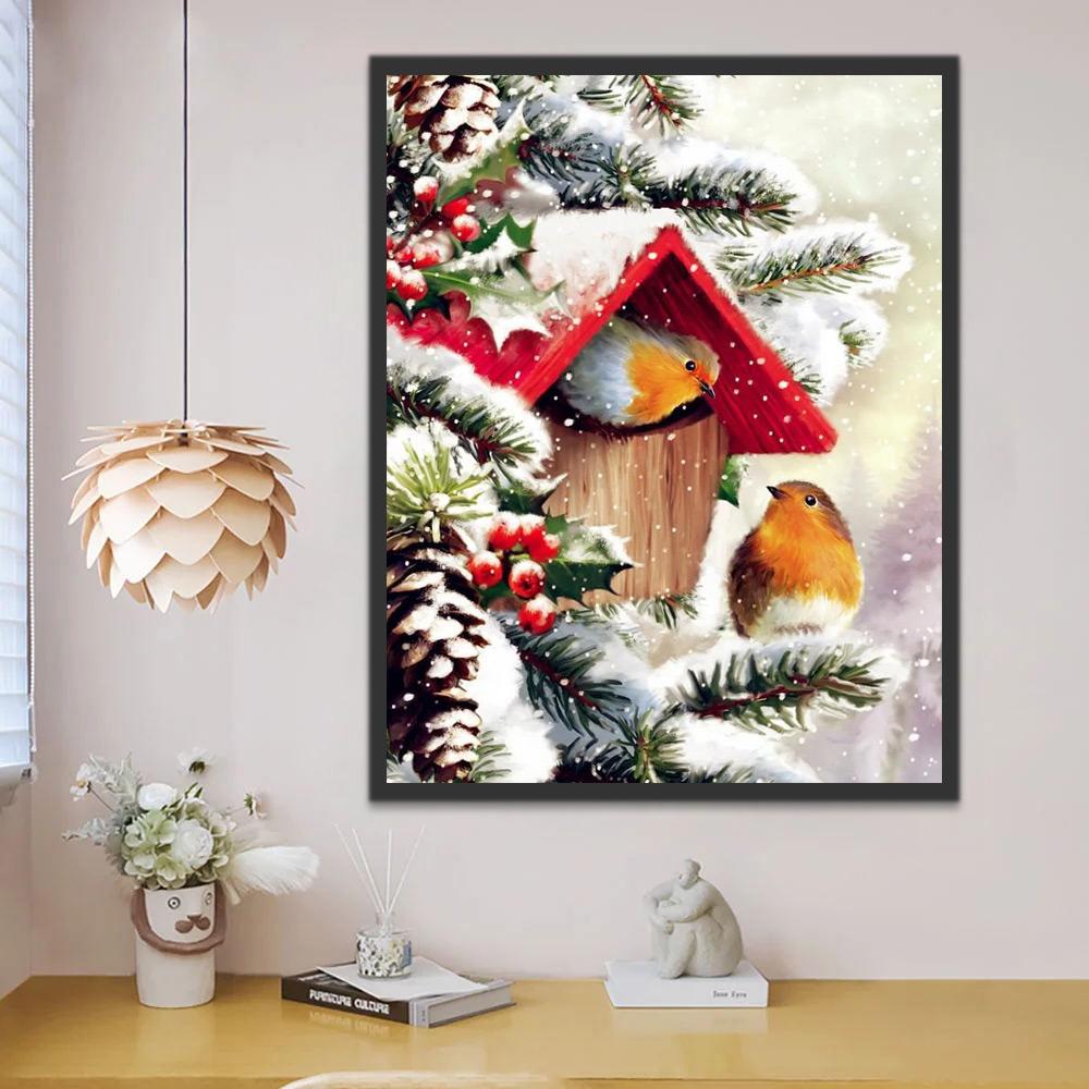 Twee Vogels op Kerstboom in Sneeuw Schilderen op Nummers