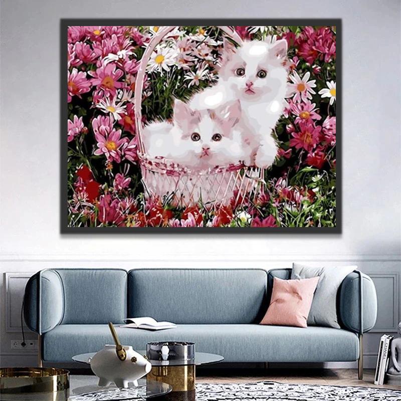 Twee Witte Katten in een Bloemenveld Schilderen op Nummers