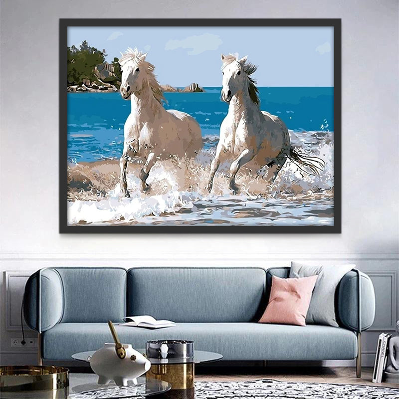 Twee Witte Paarden aan de Kust Schilderen op Nummers