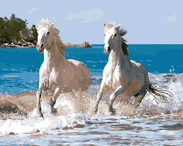 Twee Witte Paarden aan de Kust Schilderen op Nummers