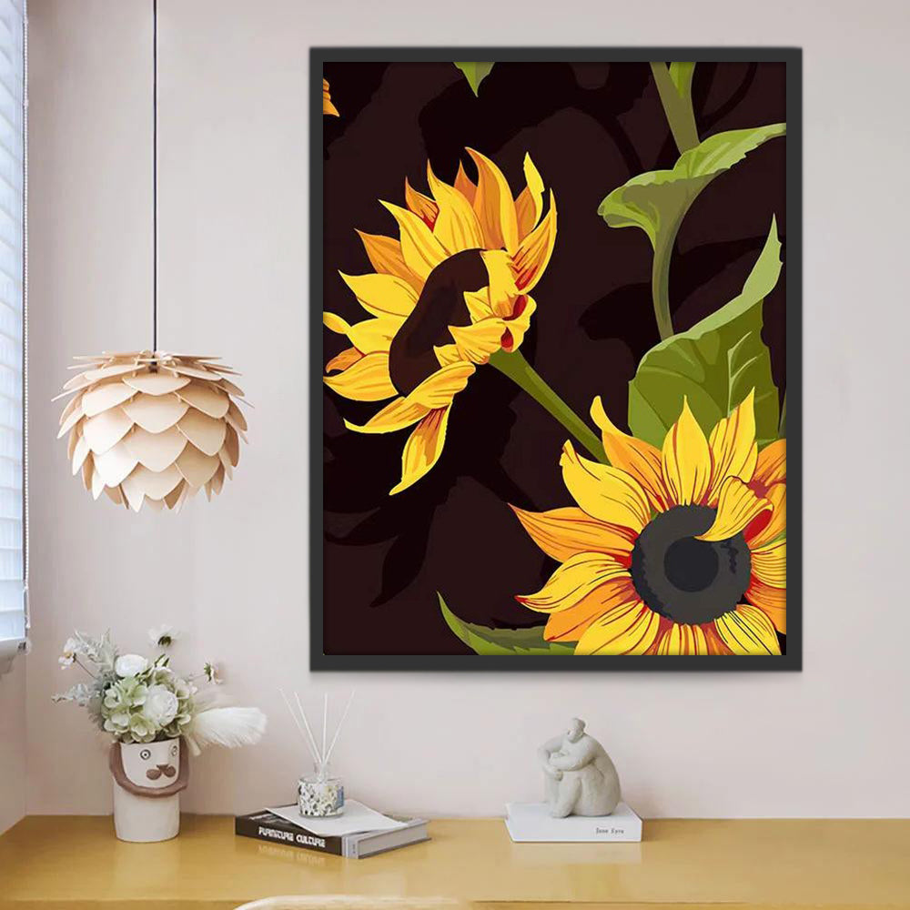 Twee Zonnebloemen op een Bruine Achtergrond Schilderen op Nummers