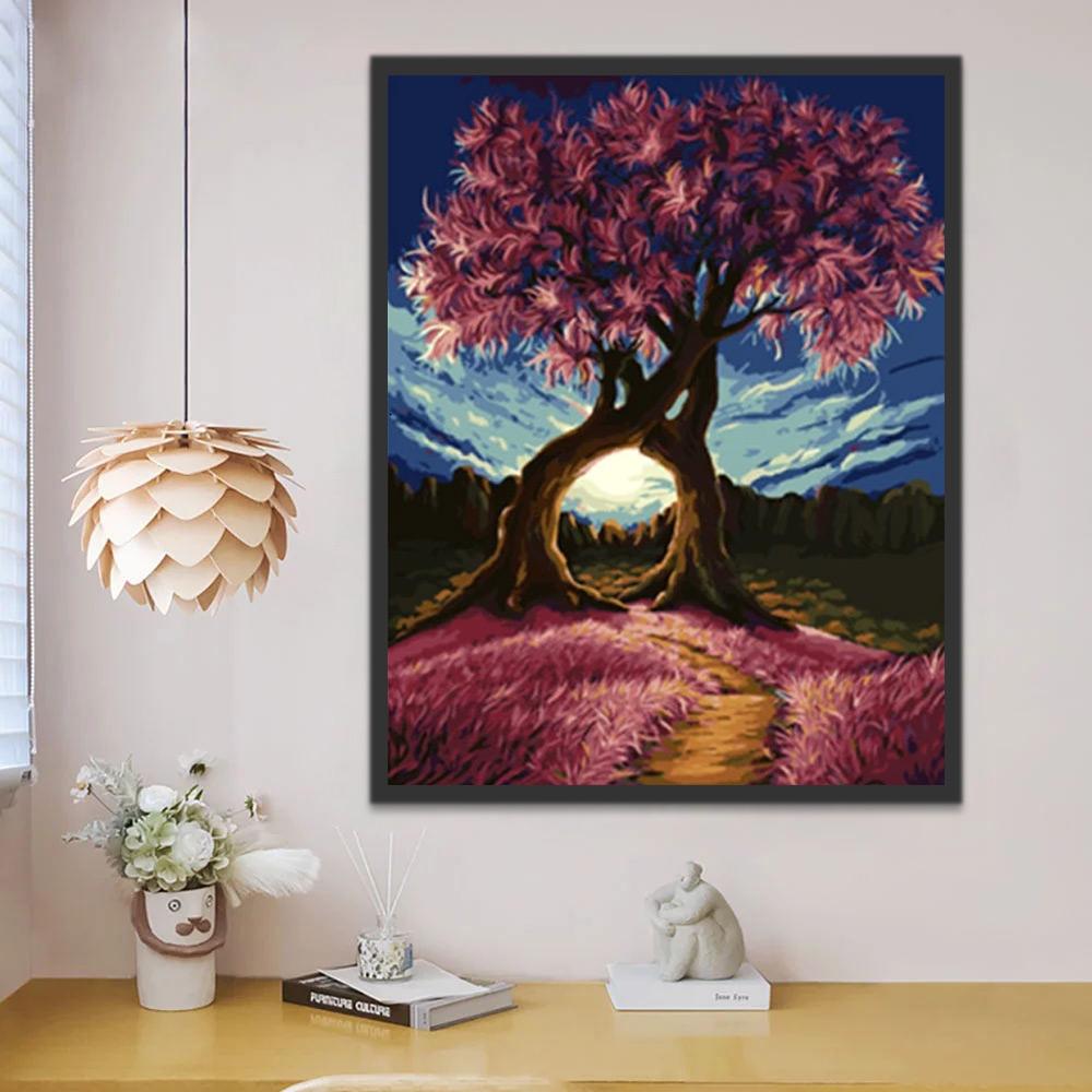 Tweelingbomen met Roze Bladeren Schilderen op Nummers