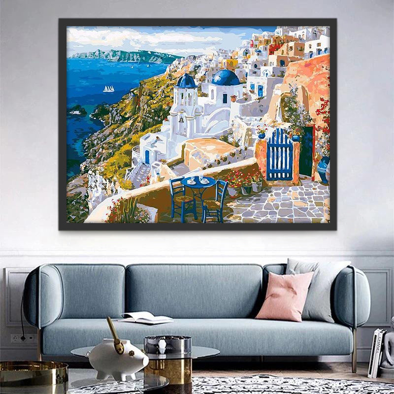 Uitzicht op Zee vanuit een Huis in Santorini Schilderen op Nummers