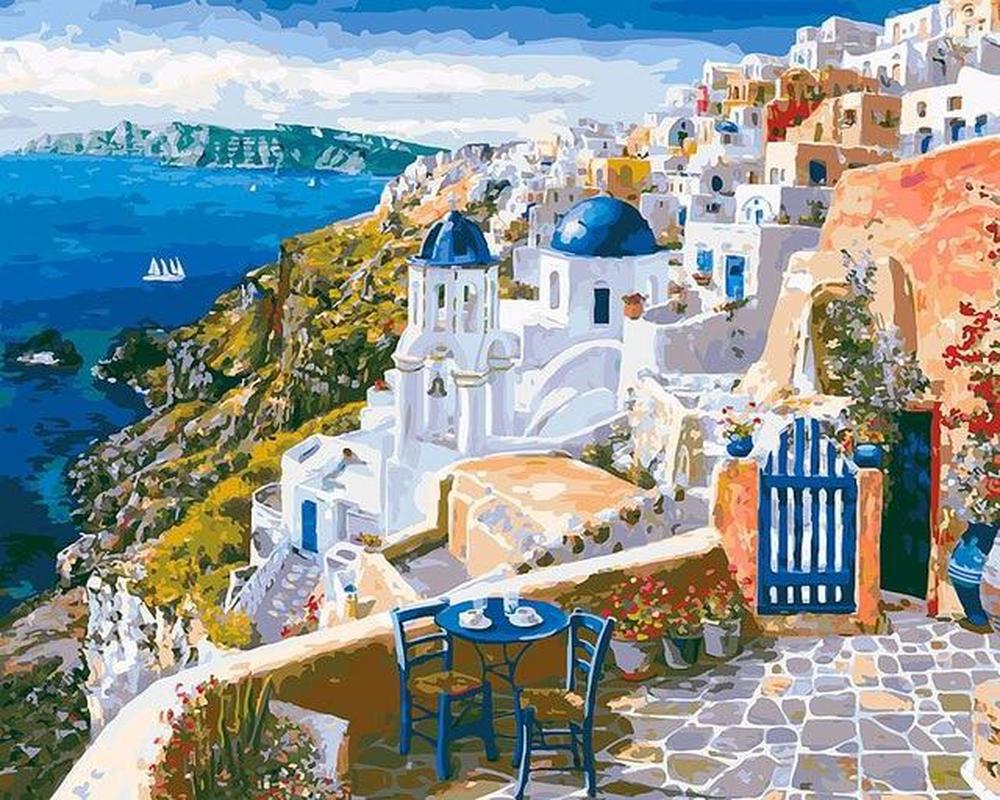 Uitzicht op Zee vanuit een Huis in Santorini Schilderen op Nummers