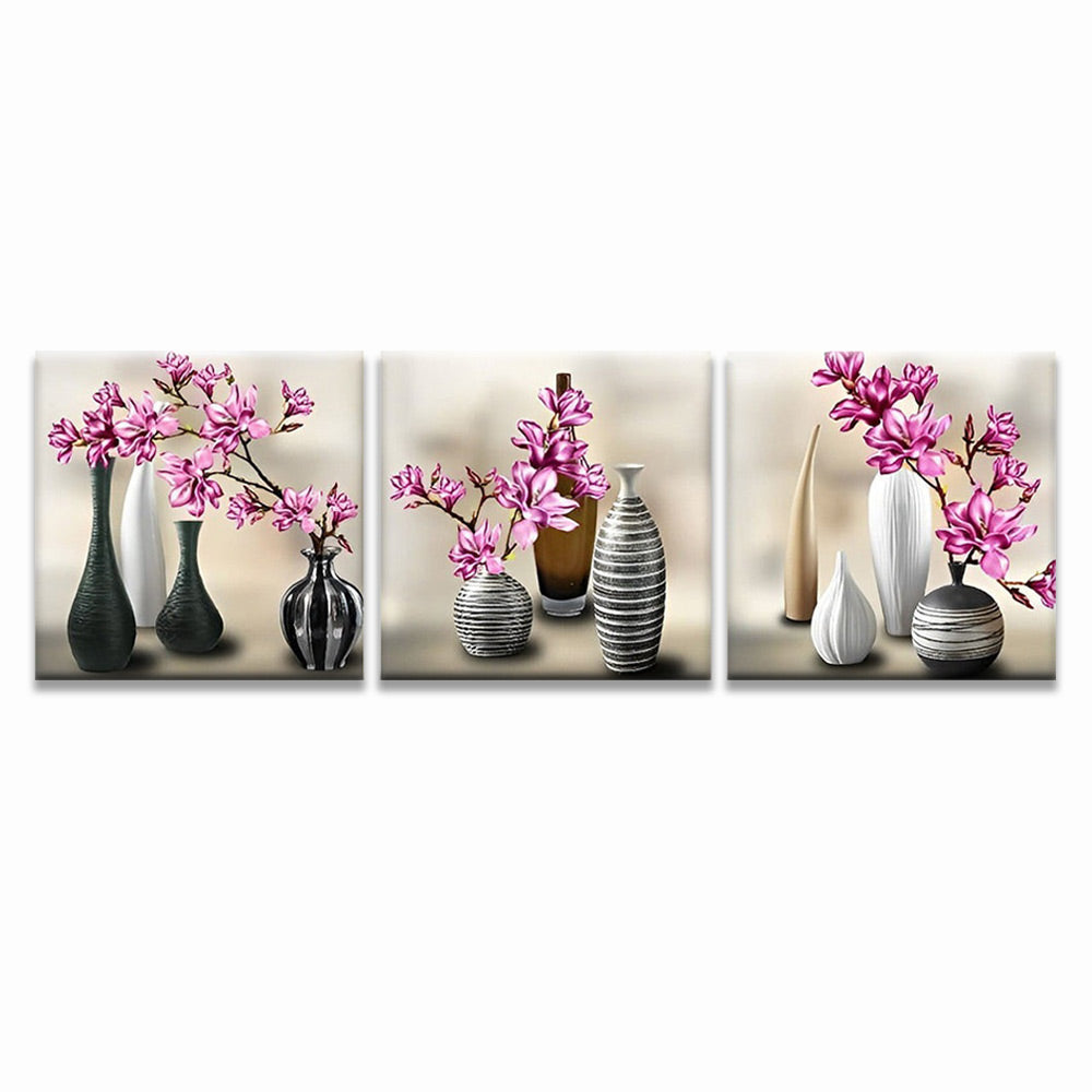 Vazen en Bloemen op Tafel 3 Platen Schilderen op Nummers