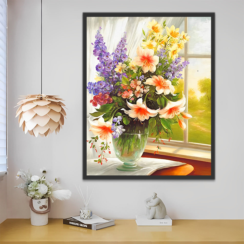Veel Verschillende Bloemen bij het Raam Schilderen op Nummers