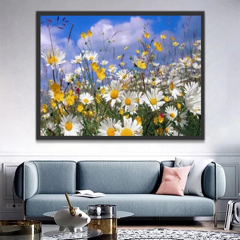 Veld met Chrysanten onder een Blauwe Lucht en Witte Wolken Schilderen op Nummers