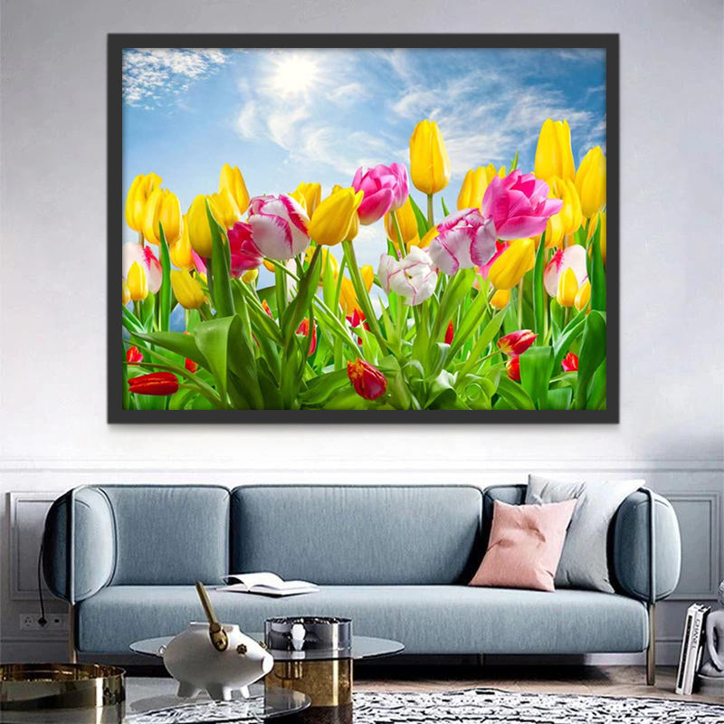Velden met kleurrijke tulpen onder een blauwe hemel Schilderen op Nummers