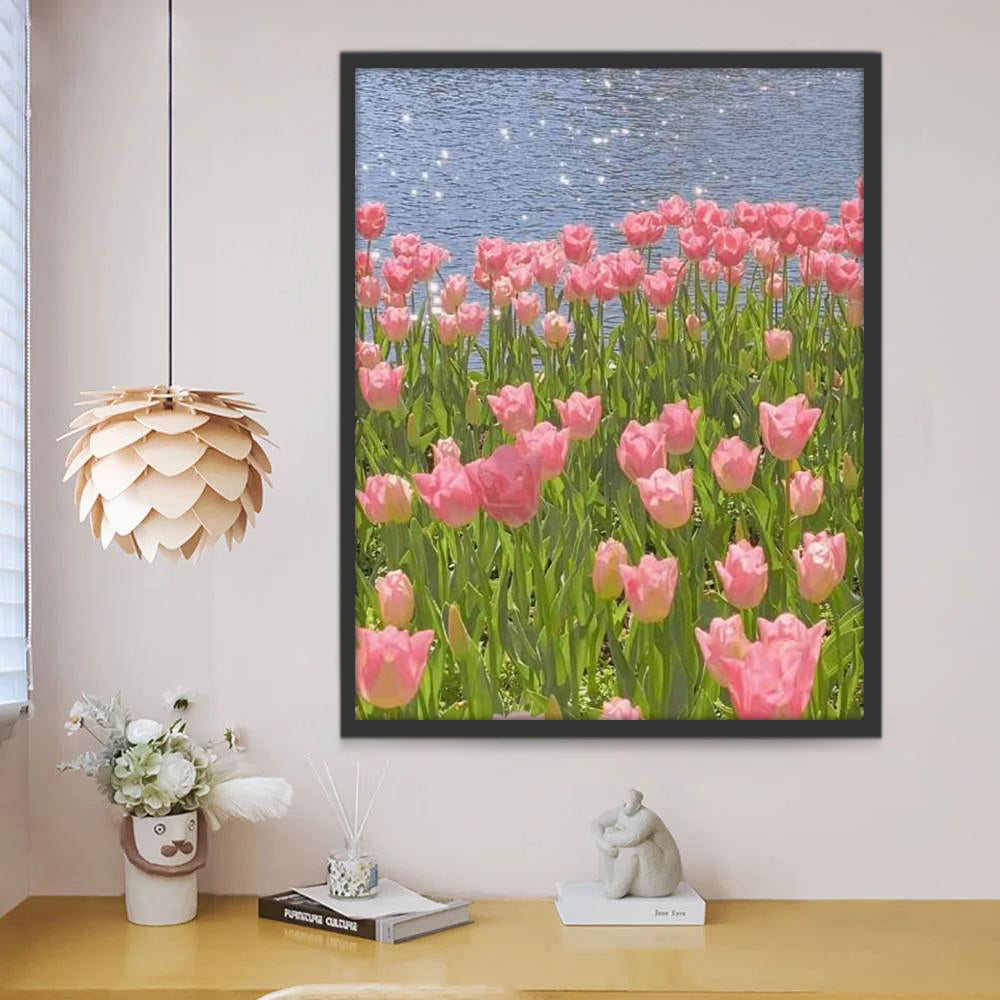 Velden met Roze Tulpen bij de Rivier Schilderen op Nummers