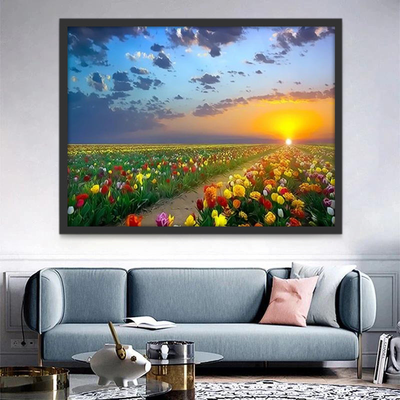 Veldpad vol bloemen bij zonsondergang Schilderen op Nummers