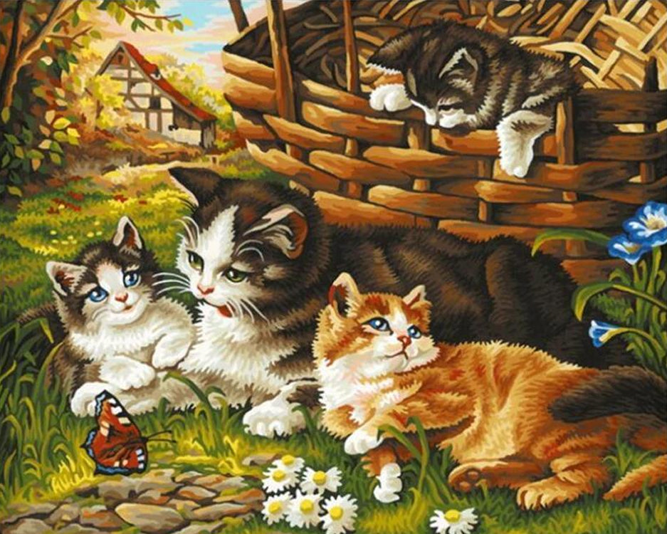 Vier Katten in de Tuin Schilderen op Nummers