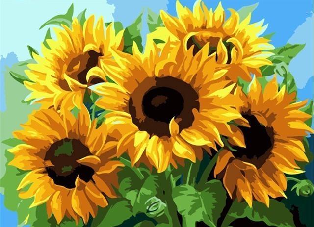 Vijf Grote Zonnebloemen Schilderen op Nummers