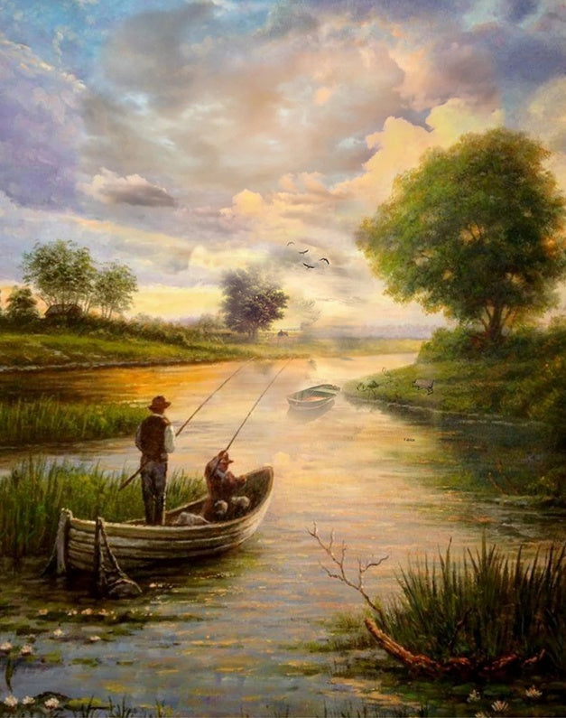 Visser op een Boot op de Rivier Schilderen op Nummers