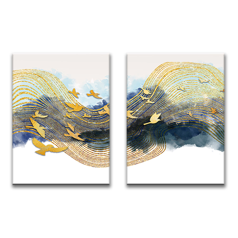 Vliegende Gouden Vogels en Wolken 2 Platen Schilderen op Nummers
