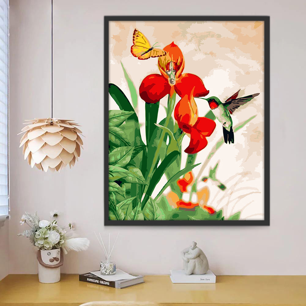 Vlinder, Vogel en Rode Bloemen Schilderen op Nummers