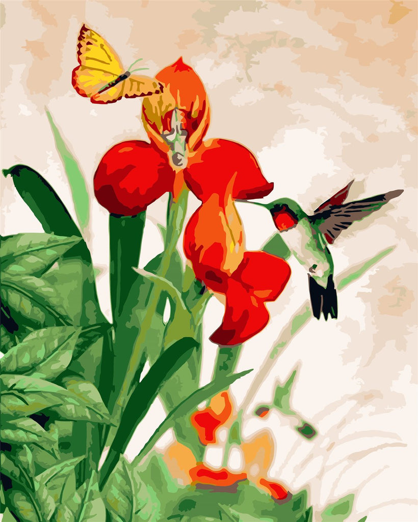 Vlinder, Vogel en Rode Bloemen Schilderen op Nummers