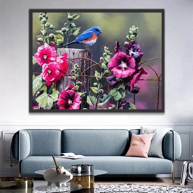 Vogel en bloemen op het hek Schilderen op Nummers