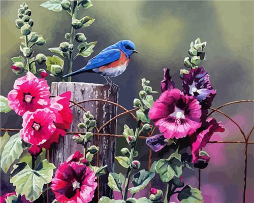 Vogel en bloemen op het hek Schilderen op Nummers