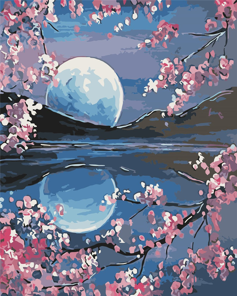 Volle Maan en Roze Bloemen Schilderen op Nummers