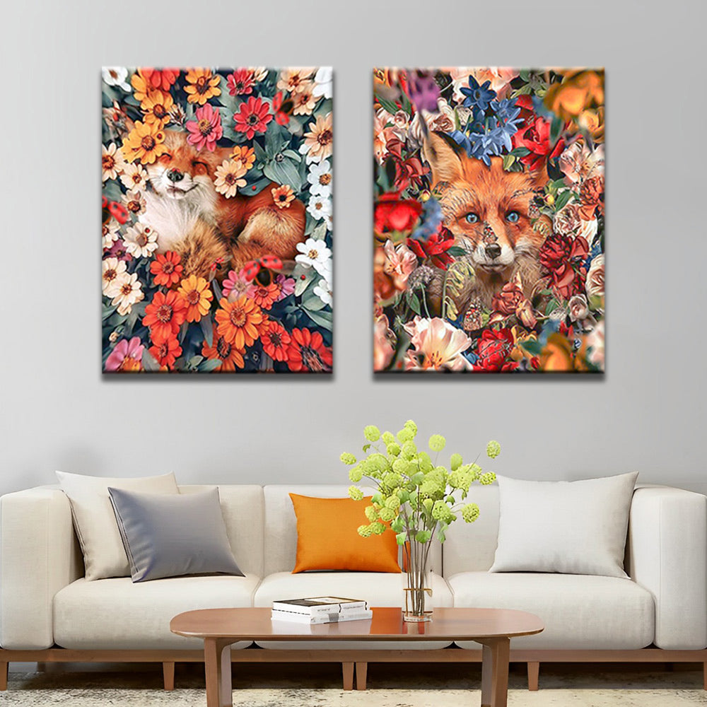 Vossen Omringd door Bloemen 2 Platen Schilderen op Nummers
