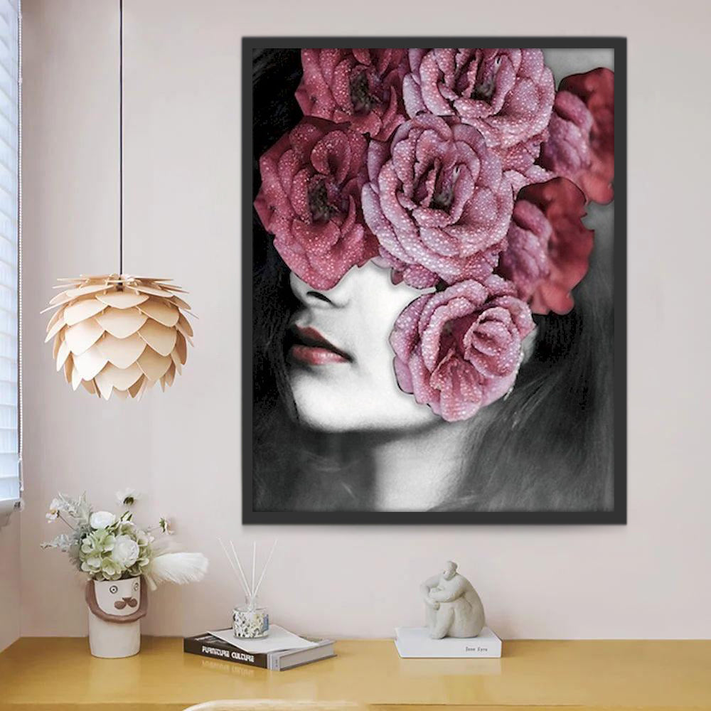 Vrouw en Donkerrode Bloemen Schilderen op Nummers