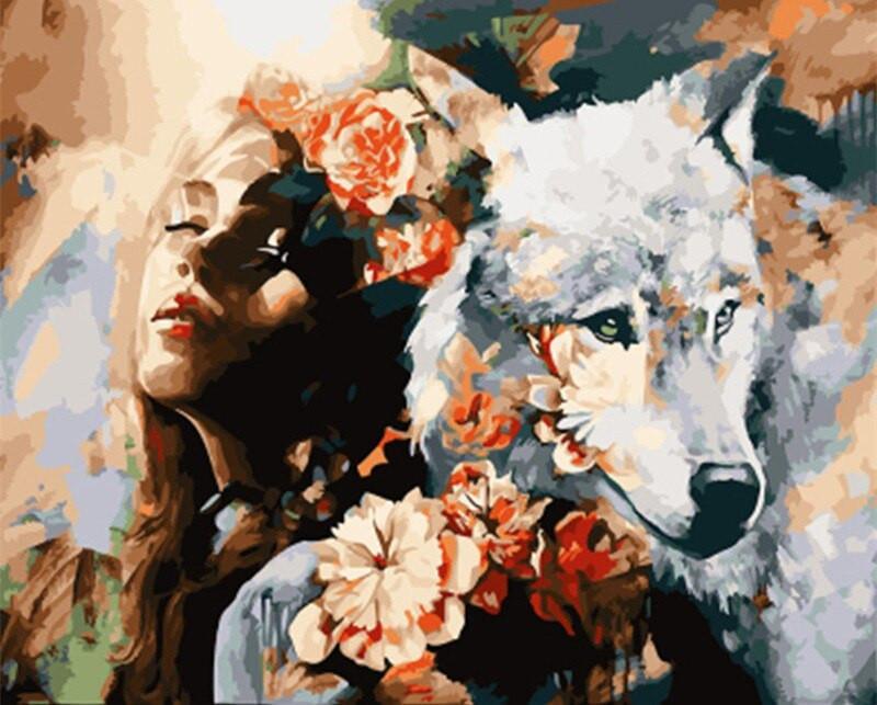 Vrouw en Witte Wolf Schilderen op Nummers