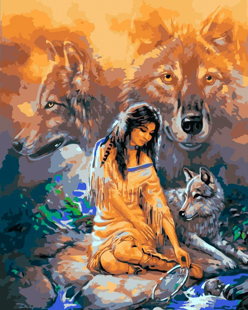 Vrouw en Wolf op de Rots Schilderen op Nummers