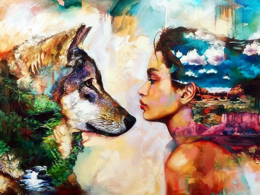 Vrouw en Wolf Schilderen op Nummers