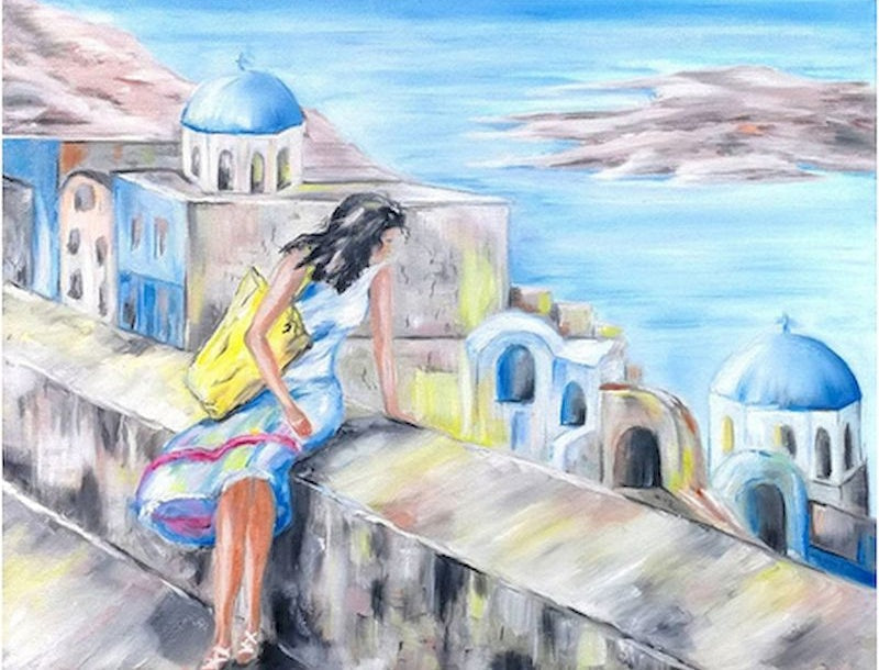 Vrouw Genietend van het Uitzicht in Santorini Schilderen op Nummers