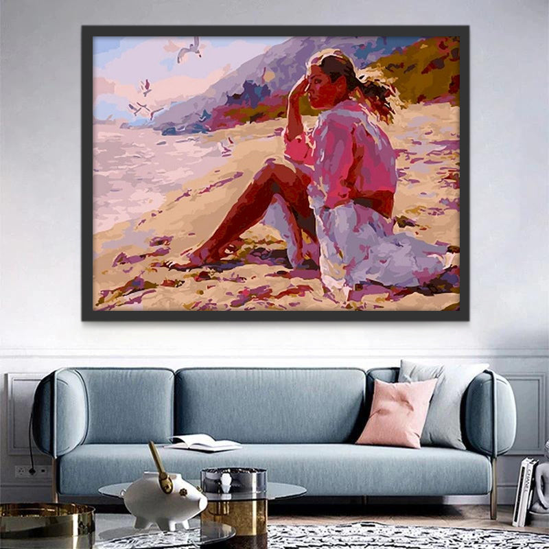Vrouw in Gedachten Verzonken op het Strand Schilderen op Nummers