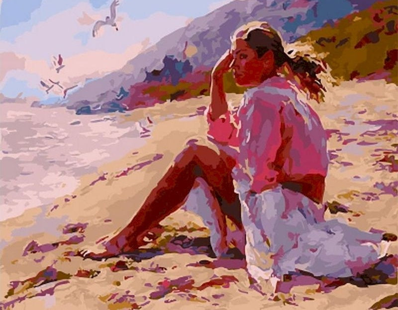 Vrouw in Gedachten Verzonken op het Strand Schilderen op Nummers