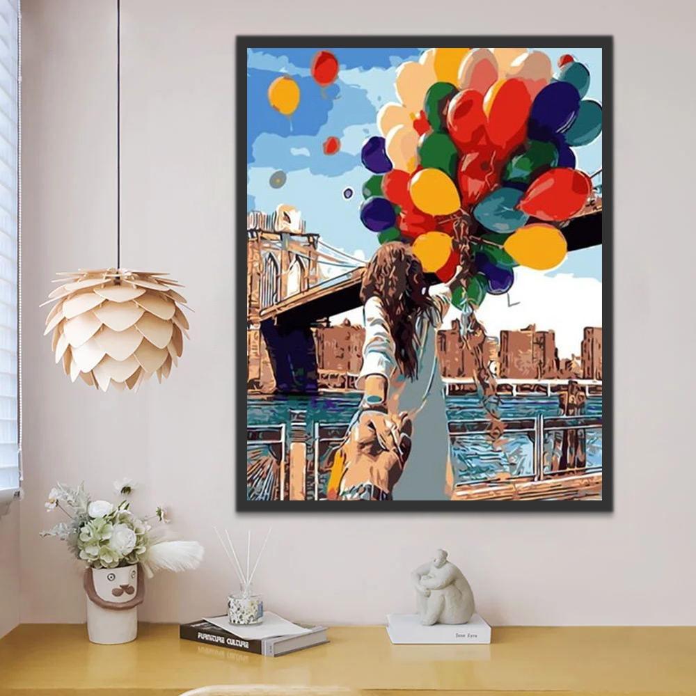 Vrouw met Ballonnen onder de Brooklyn Bridge Schilderen op Nummers