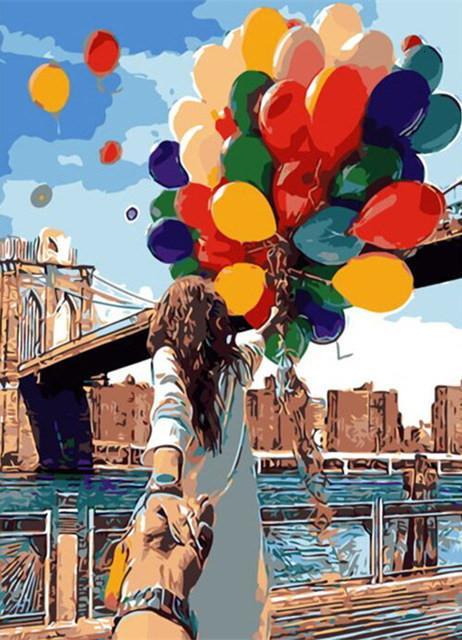 Vrouw met Ballonnen onder de Brooklyn Bridge Schilderen op Nummers