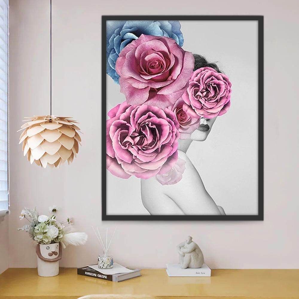 Vrouw met Blauwe en Roze Rozen Schilderen op Nummers