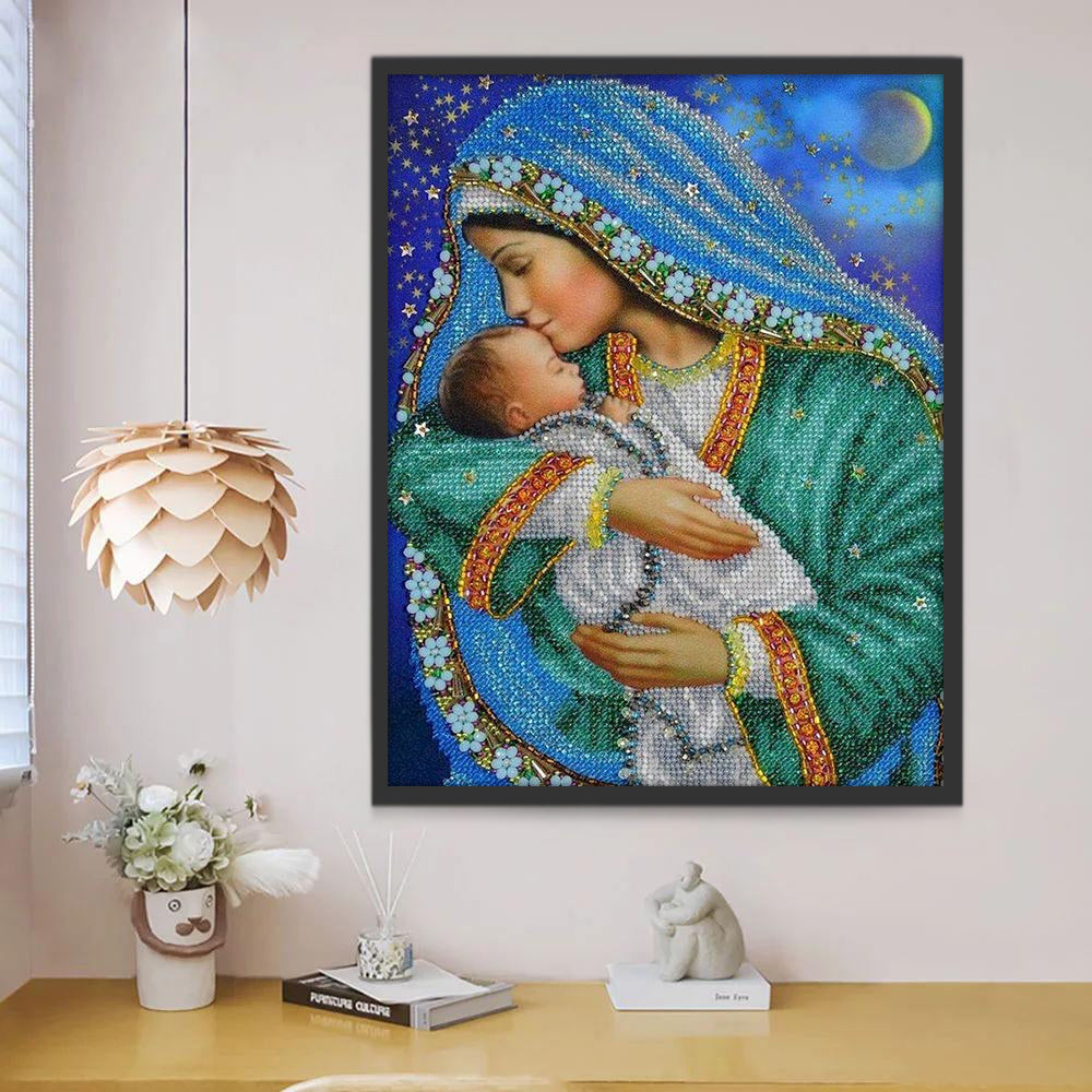 Vrouw met Blauwe Hoofddoek en Haar Kind Christendom Schilderen op Nummers