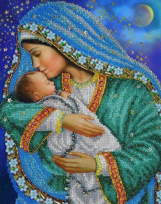 Vrouw met Blauwe Hoofddoek en Haar Kind Christendom Schilderen op Nummers
