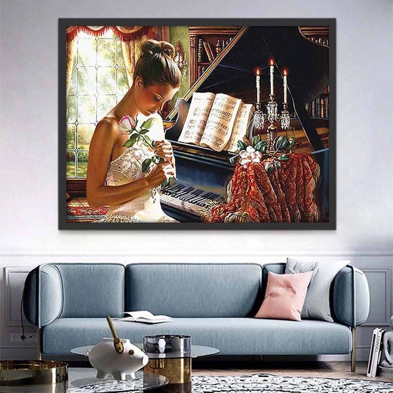 Vrouw met Bloemen bij de Piano Schilderen op Nummers