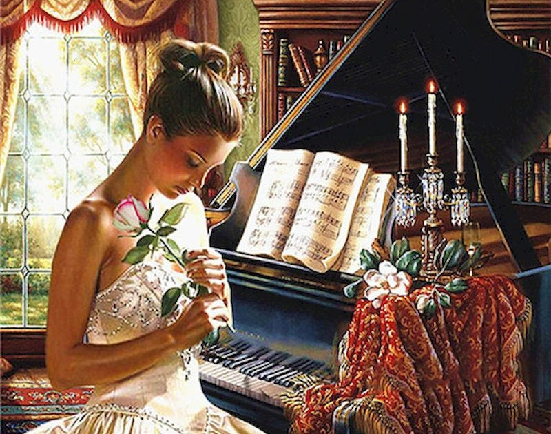 Vrouw met Bloemen bij de Piano Schilderen op Nummers
