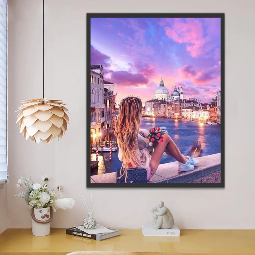 Vrouw met Bloemen bij Zonsondergang Schilderen op Nummers